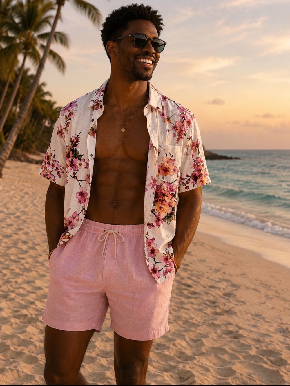 Casual Pink Floral Short-Sleeve Button-Down Shirt for Men